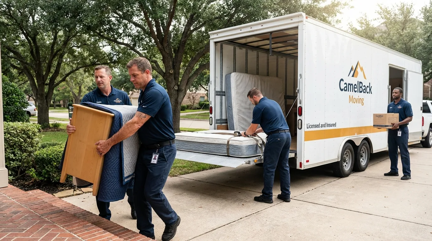 Crew loading residential truck for cross-state move from Bandon, OR