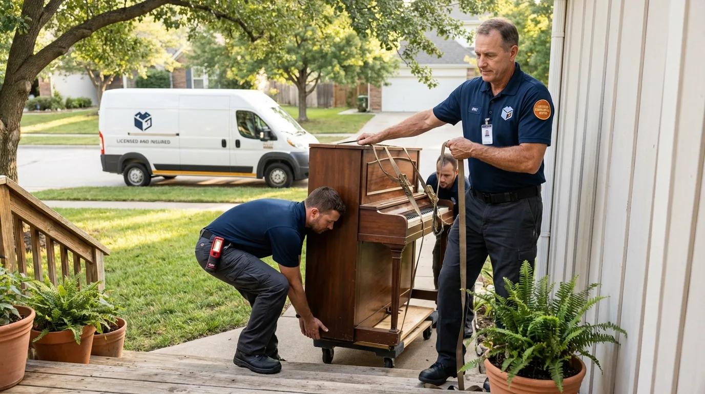 Licensed piano movers securing grand piano in Bandon, OR
